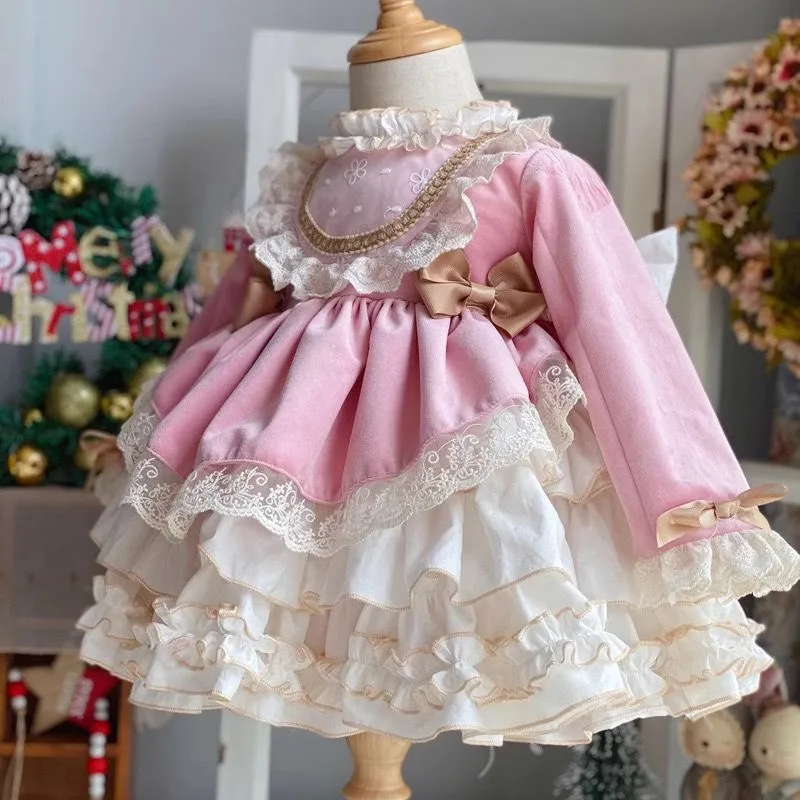 

Elegant girl's Lolita princess dress long-sleeved puffy cake dress pink fugitive princess dress birthday first anniversary dress