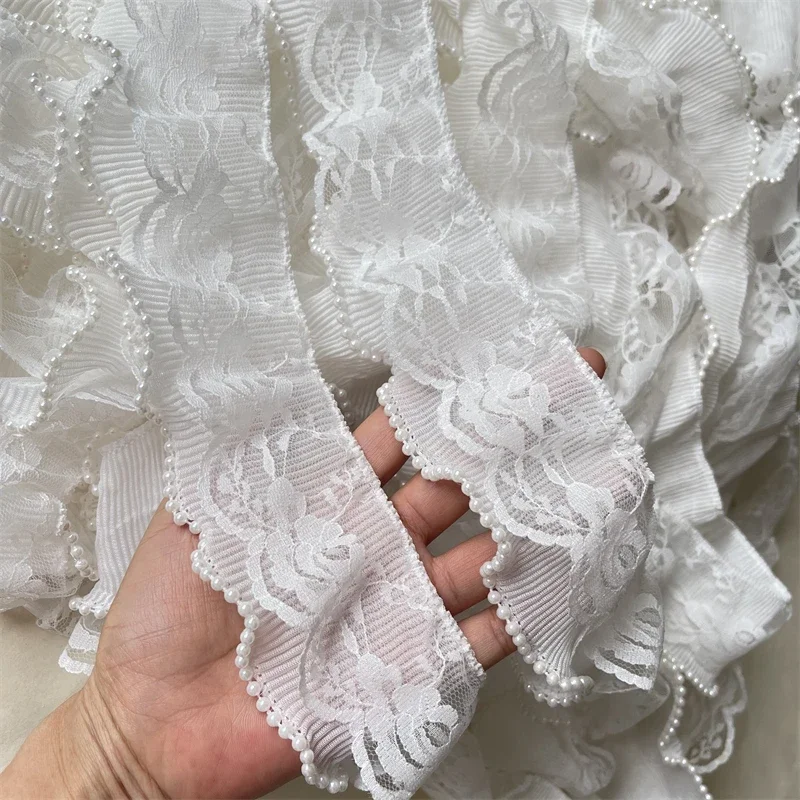 Weißer doppellagiger Spitzen-Chiffon-Stoff, Rüschenbesatzband mit Perlen, DIY-Nähen, Hochzeits-Guipure-Spitzen-Dekor, Kleiderkragen