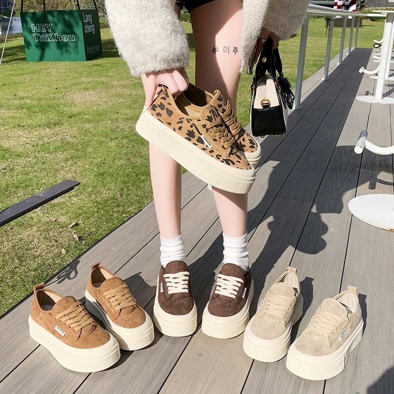 Soft Suede Leather Casual Shoes Women Sneakers Clogs Platform  All-Match Spring Round Toe -tied Frosted Flats Shoes Women