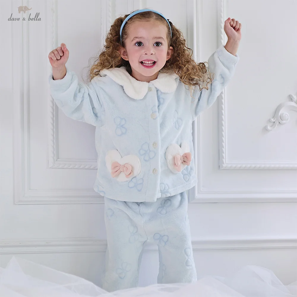 Dave Bella Girls Pajamas Set Autumn Winter Plush Soft Baby Kids Warm Top Pants Two-Piece Set Casual Home Wear Clothing DB4254801
