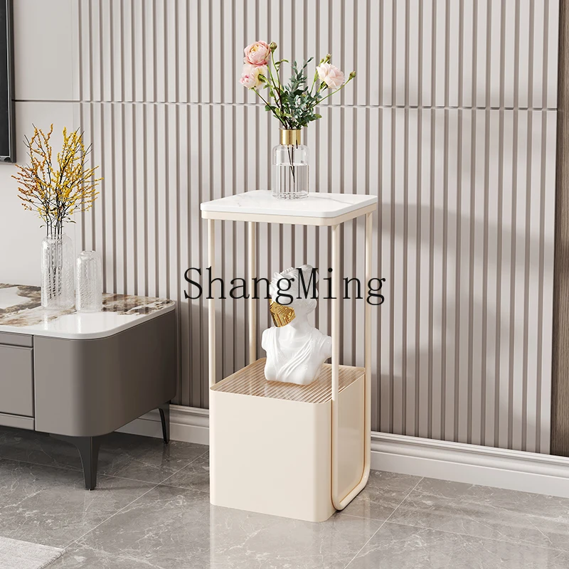 CLdecorative rock slab living room floor-to-ceiling TV cabinet shelf next to sofa light luxury double-layer flower stand