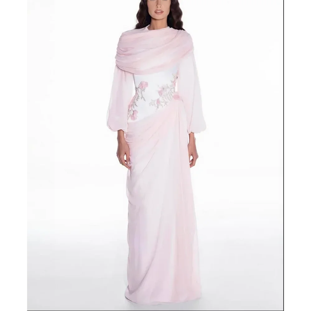 Elegant Pink Chiffon Evening Dress Long Sleeve Draped Neck Embroidered Formal Gown for Wedding Guest