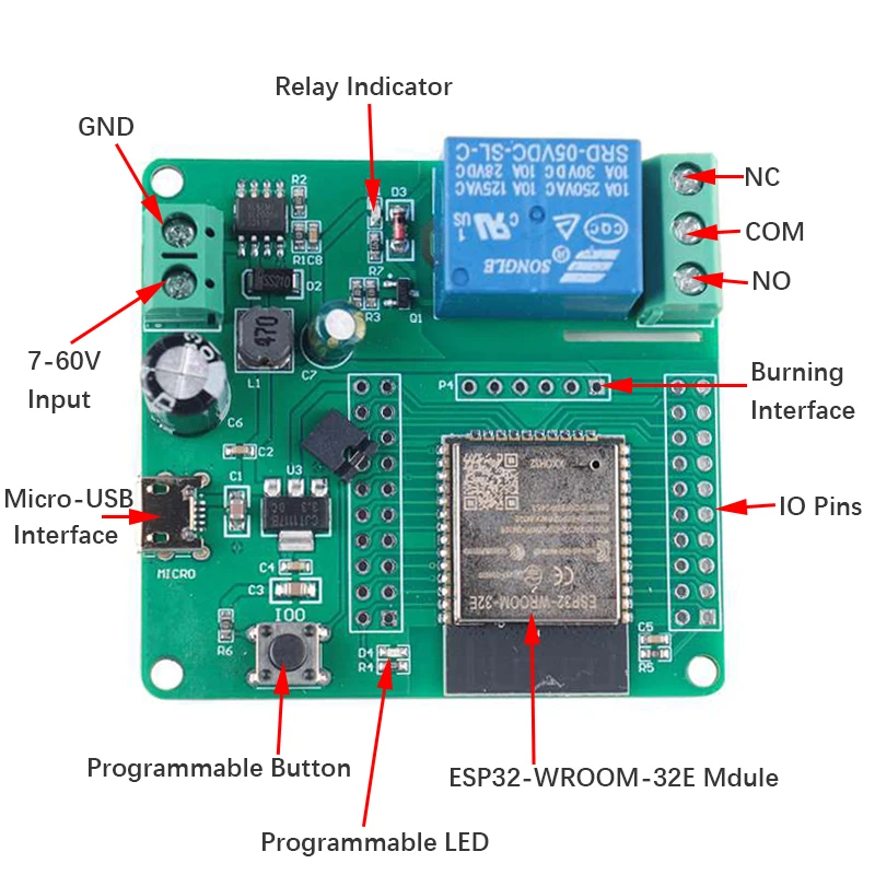 ESP32 1-CH Relay Module DC5-60V Power Supply ESP32-WROOM-32E Module ESP32 WiFi+BLE Development Board for Arduino Smart Home