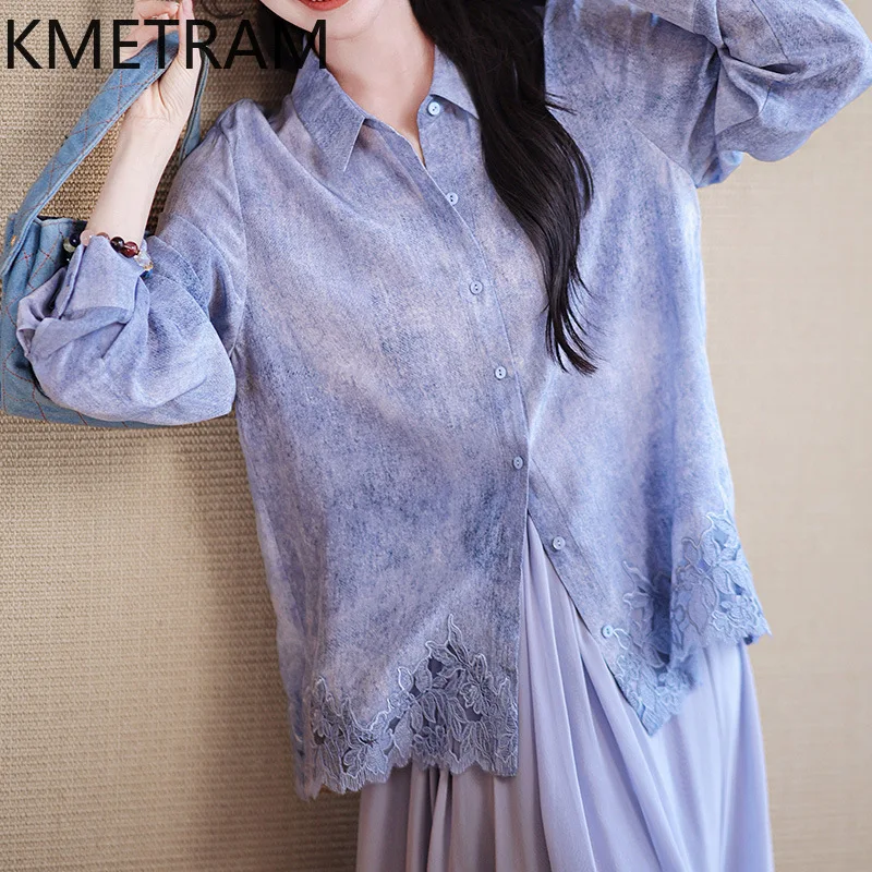 KMETRAM 100% Real Mulberry Silk Shirts for Women Elegant Lace Trim Blouse Long Sleeves Spring Summer Tops 2026 Woman Clothes 셔츠