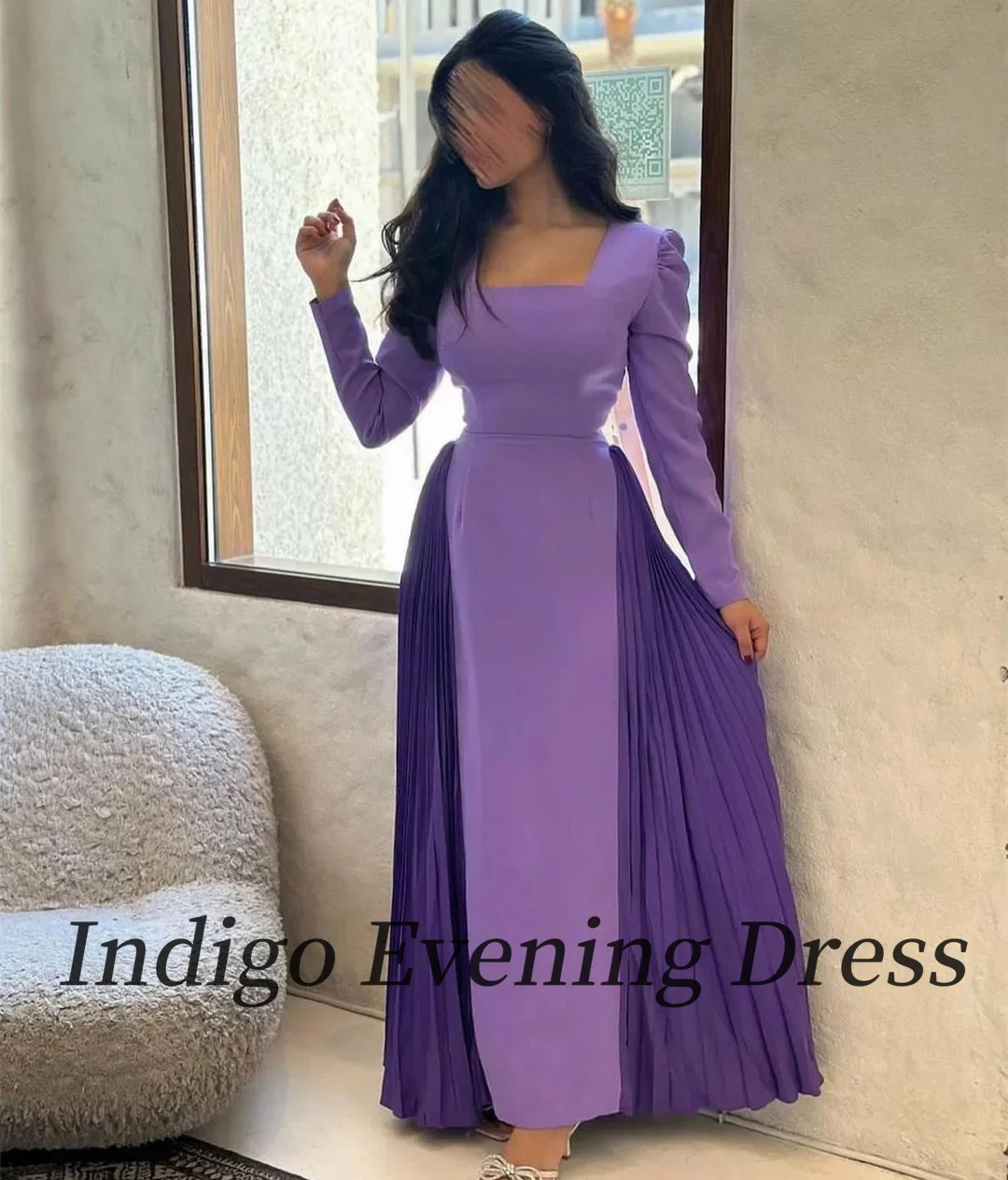 Indigo-Vestidos de Noche plisados con escote cuadrado para mujer, vestido sencillo de manga completa para ocasiones 2024