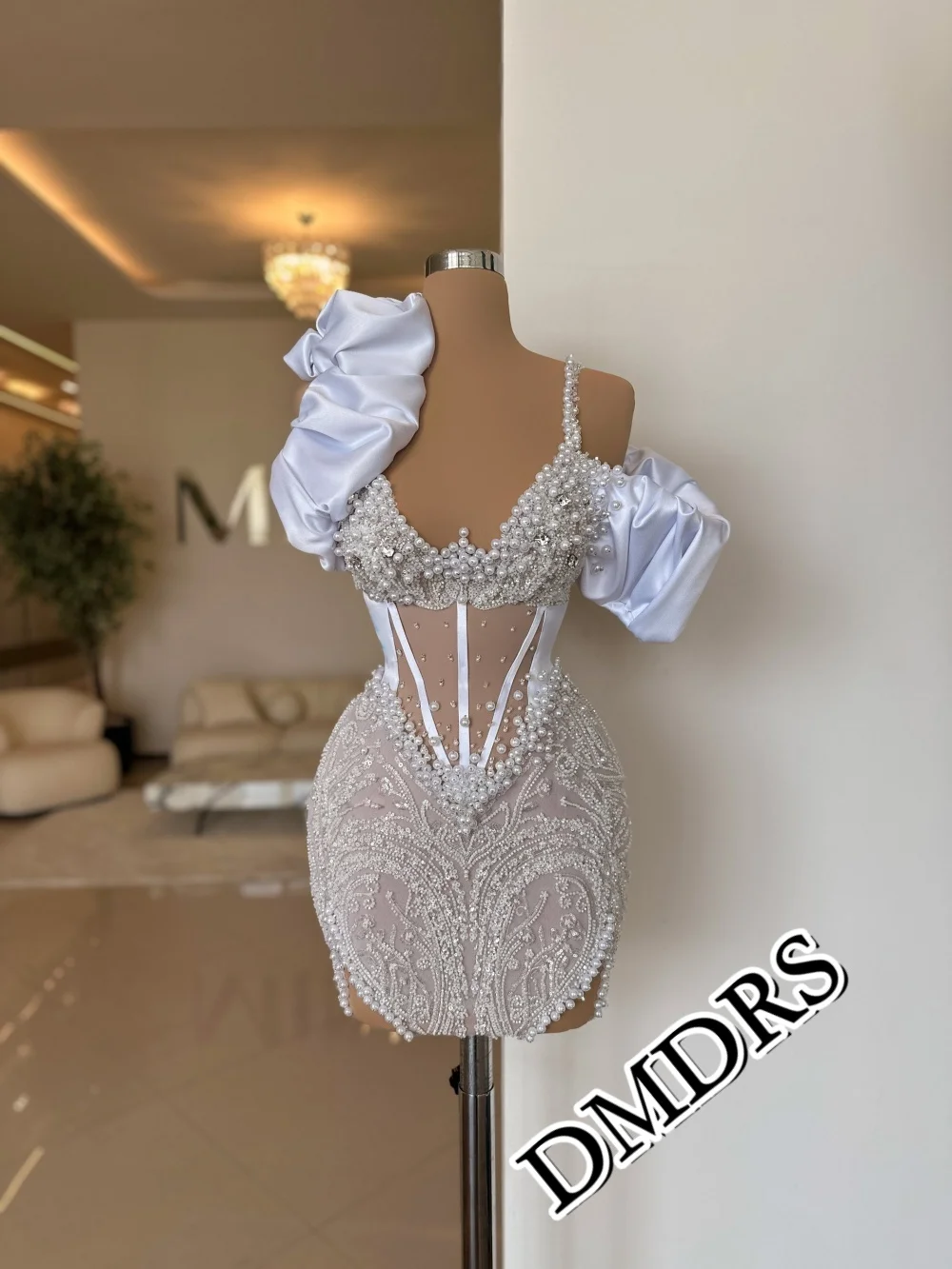 

DMDRS Classic Pearl Evening Dress Charming Strapless Party Gown Charming Crystal Knee-Length Party Dress