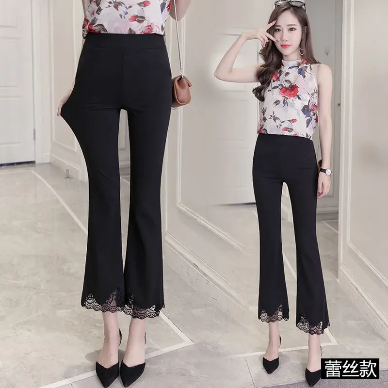 Lace Summer Cropped Bell Pants Woman Flared Suit Pants Women Black Elegant Fashion Flare Leggings Casual Elasticity Loose Sexy