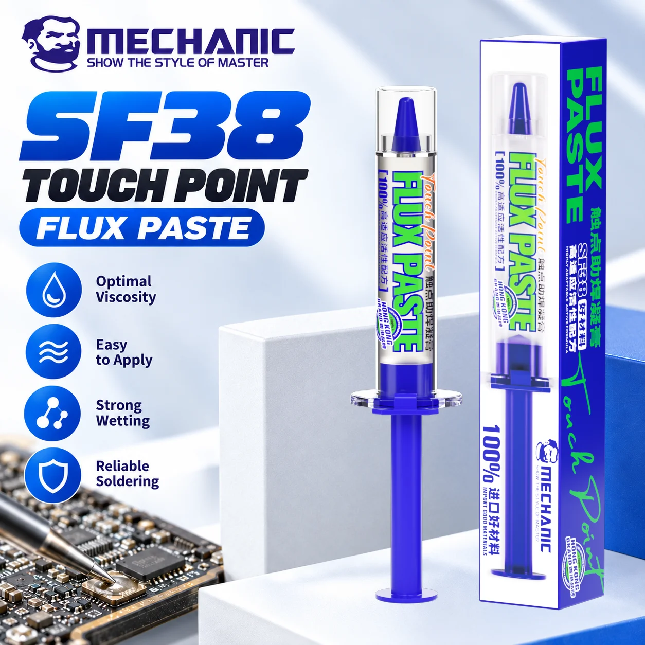 MECHANIC SF38 Kontakt-Gel-Flussmittel-Paste, hochwirksames, tropffreies Lötmittel für die Präzisionsreparatur von Leiterplatten, ICs und Mobiltelefon-Motherboards