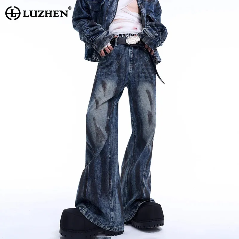 

LUZHEN Micro Horn Jeans Washed Wornout Scrawl Design Wide Leg Denim Pants Autumn Personalized Trendy Street Men Trousers LZ4898