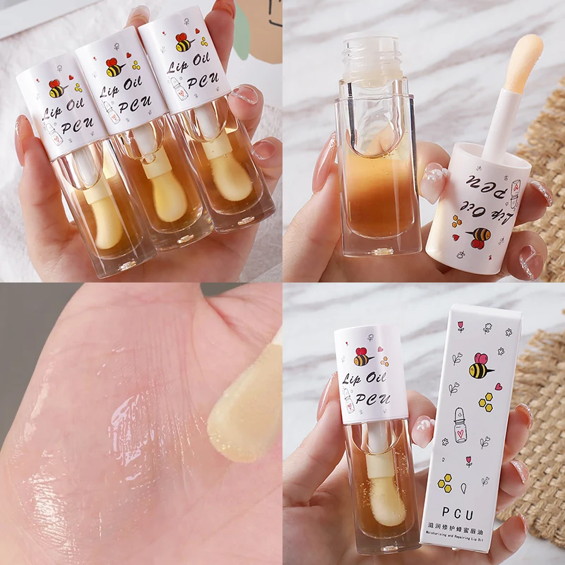 

Honey Lip Oil Relieves Dry Moisturizing Lip Gloss Fades Lip Lines Water Mirror Gloss Light Lips Big Brush Head Cute Makeup Tools