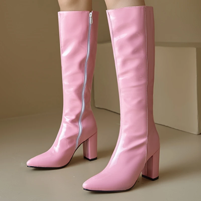 

Женские сапоги до колена, элегантная осенне-зимняя обувь 2025 года, черные, белые, розовые, длинные ботинки на каблуке, обувь на молнии, большой размер 45, 48