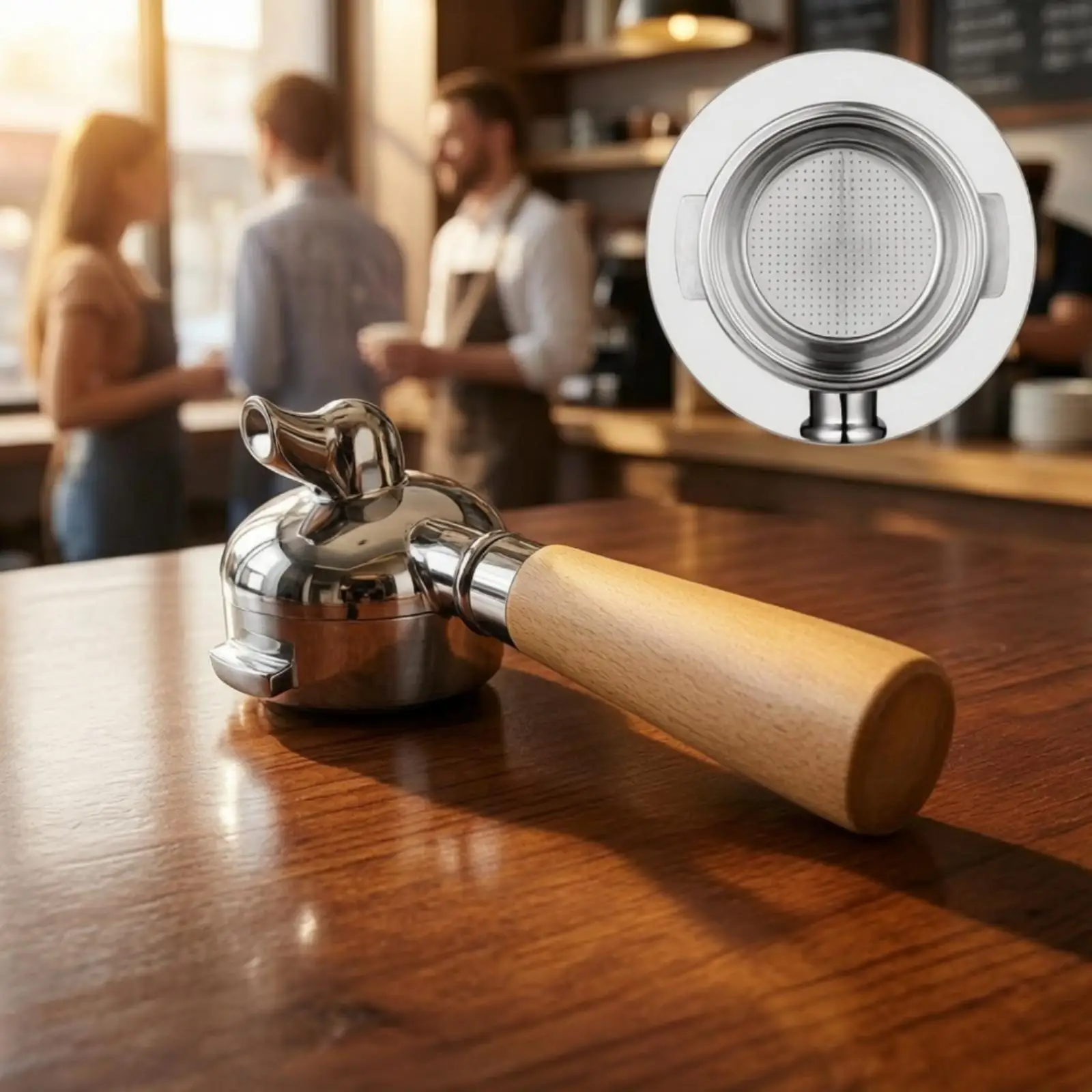 58mm Espresso Portafilter Handle with Basket Stainless Steel Wood Grip for E61 Group Head Coffee Maker