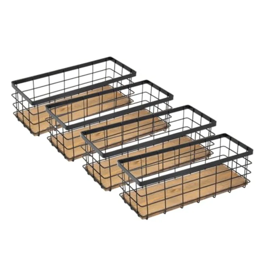 

Farmhouse Small Metal Wire Storage Basket Bin Rustic Home Storage Organizer with Wooden Bottom for Kitchen Cabinets Bathroom Co