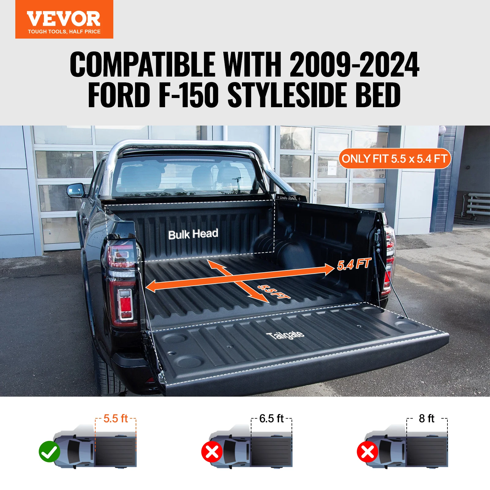 VEVOR Truck Bed Cover Roll Up Truck Bed Tonneau Cover Compatible with 2009-2024 Ford F-150 Styleside Bed for 5.5 x 5.4 ft Bed