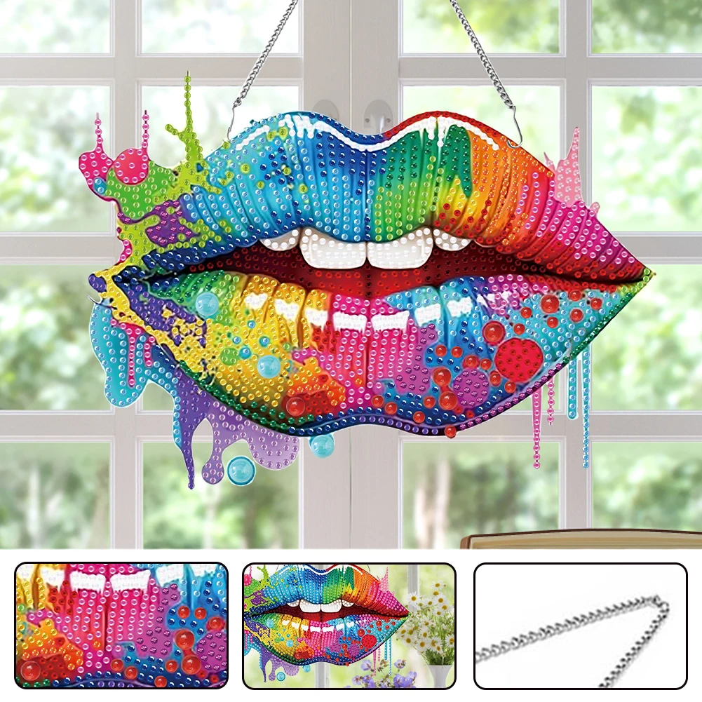 Acrylic Special Shape Colored Lip Diamond Painting Hanging Pendant Rhinestone Diamond Art Pendants for Garden Window Decor