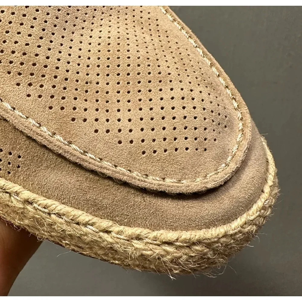 Men's Perforated Suede Penny Loafers Slip‑On Casual Shoes, Breathable Jute Rope Sole Light Khaki Summer Daily Shoes