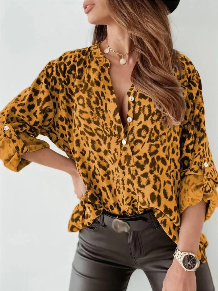 Camisas con estampado de leopardo para mujer, jersey holgado de manga larga con botones, camisas y blusas, ropa de calle femenina, primavera y otoño