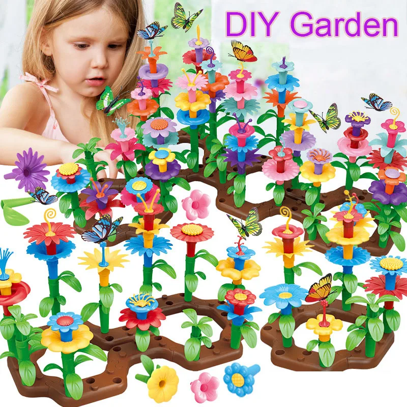 Girls DIY Flower Garden Toys Building Blocks Kids Toddlers Playset Bouquet Creative Growing Floral Garden Parents-child Interct