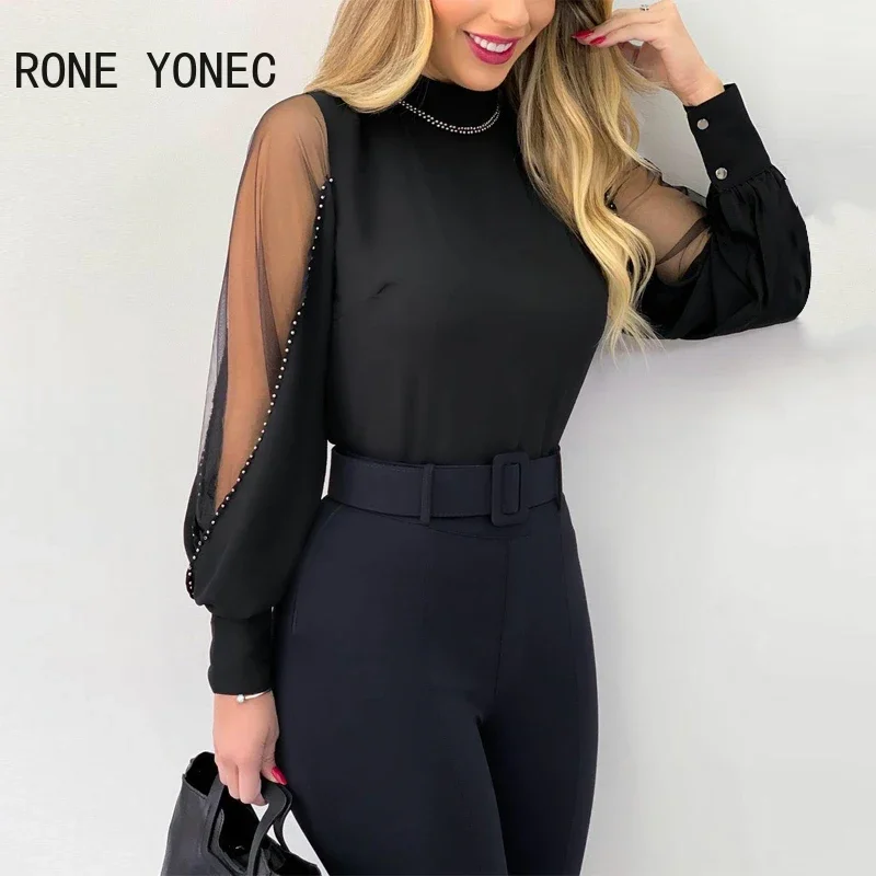 Women Chic Solid Chiffon&Mesh Long Sleeves with Rhinestone Basics Blouse Working Tops