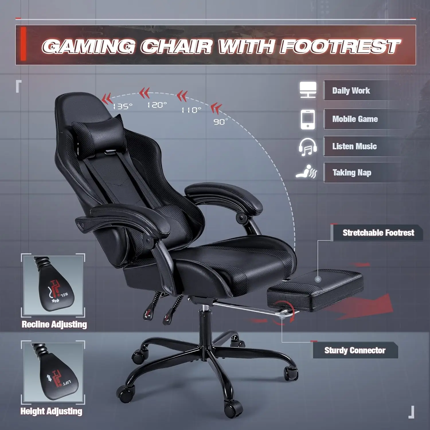 Furmax-silla Gaming con reposapiés y soporte Lumbar, asiento giratorio, altura ajustable, para ordenador