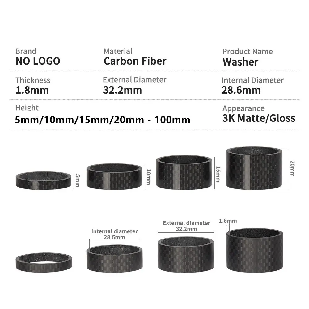 Carbon Fiber Washer 28.6mm Bike Front Forks Spacer 5mm 10mm 15mm 20mm - 100mm Bicycle Headset Washers 1-1/8 \