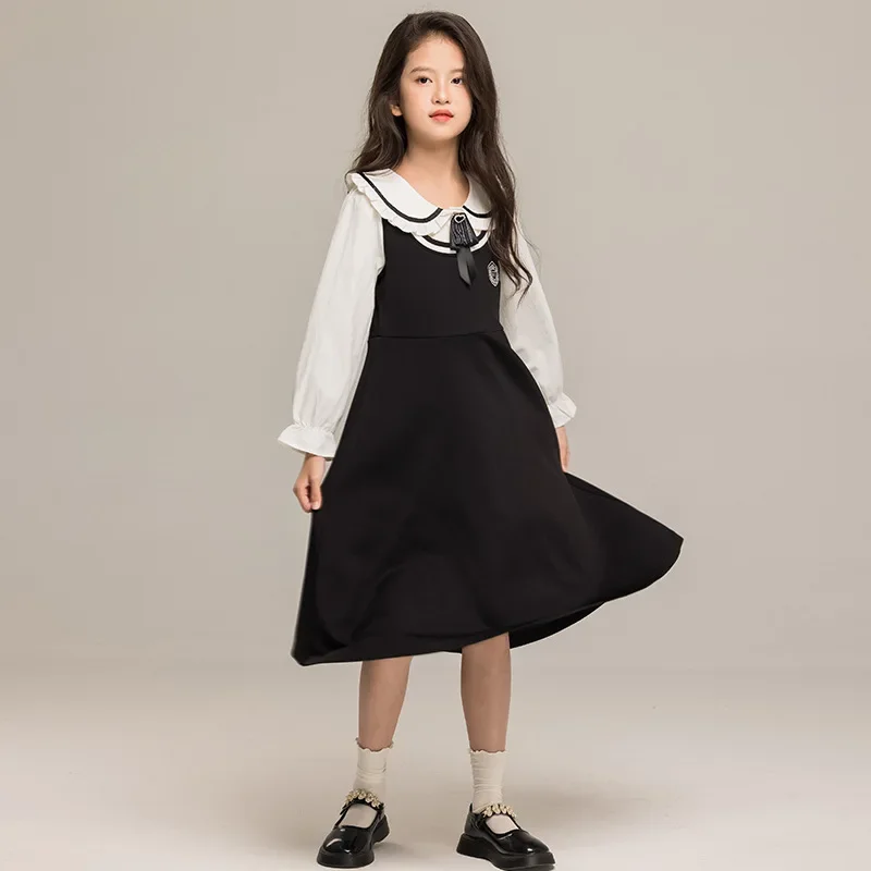 

Girls' Black Dress Long Sleeved Early Autumn New Item Doll Collar Princess Dress Children's Fake Two-piece Dress Girls Dresses