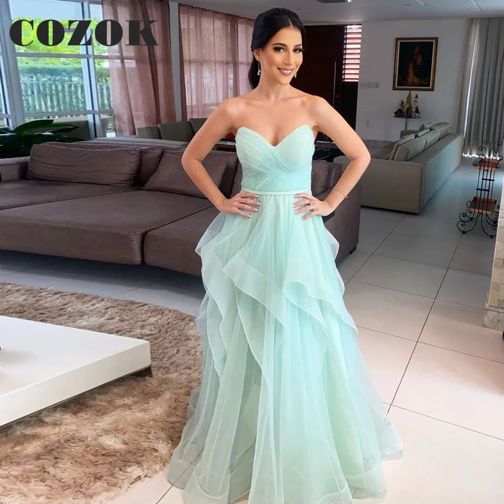 

Mint Green A Line Pleats Long Evening Dresses Dubai Draped Tulle Sleeveless Simple Prom Gowns فساتين السهرة Custom Size HX3103