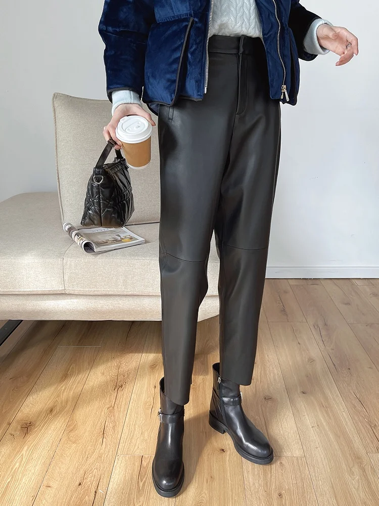 

Женские кожаные брюки Franz Bla, повседневные, с высокой талией, утягивающие, длиной до щиколотки, из натуральной кожи, с эластичным поясом