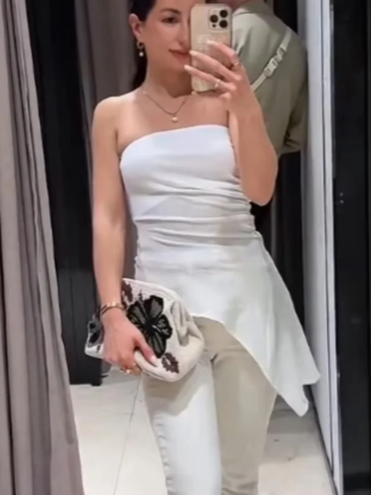 

HH женские летние модные топы, однотонные без бретелек, без рукавов, с открытой спиной, украшенные складками, женский сексуальный тонкий топ с асимметрией, 3 цвета