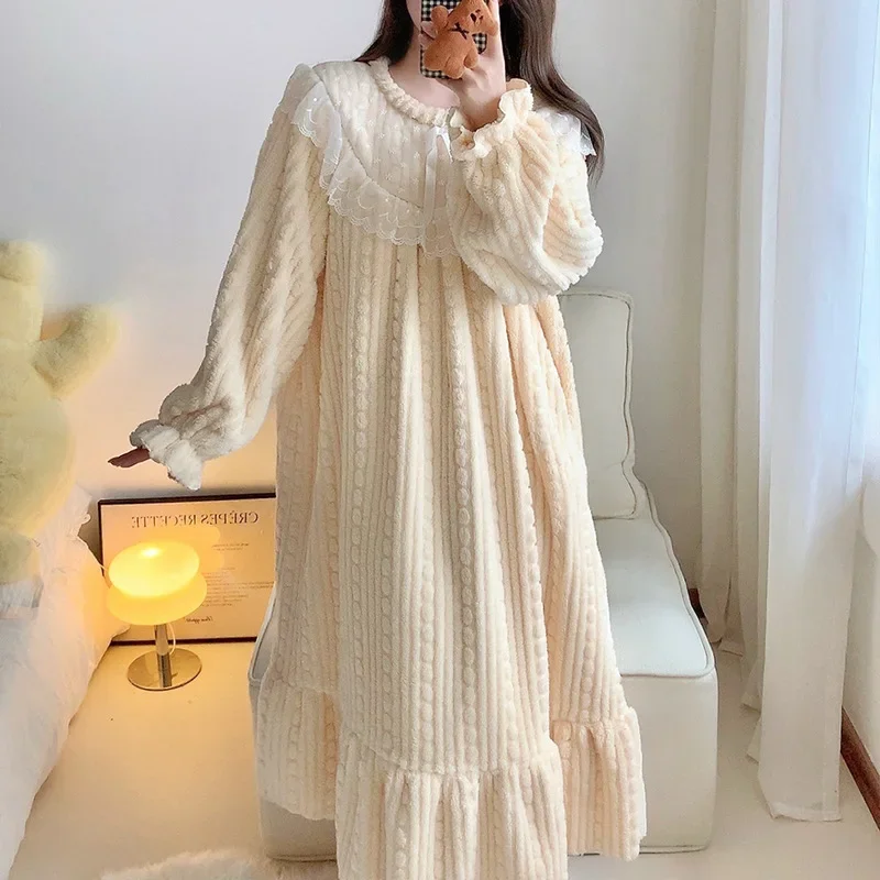 Large Size Coral Fleece Nightgown Women Winter Warm Sleepwear  Korean Sweet Flannel Pajamas Cozy Night Dress Loose Home Clothes