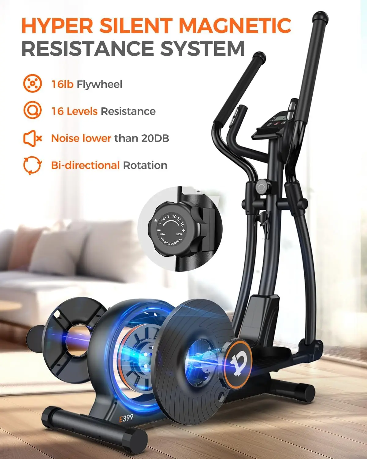 Elliptical Machine, Elliptical Exercise Machine with 16-Level  Magnetic Driving System