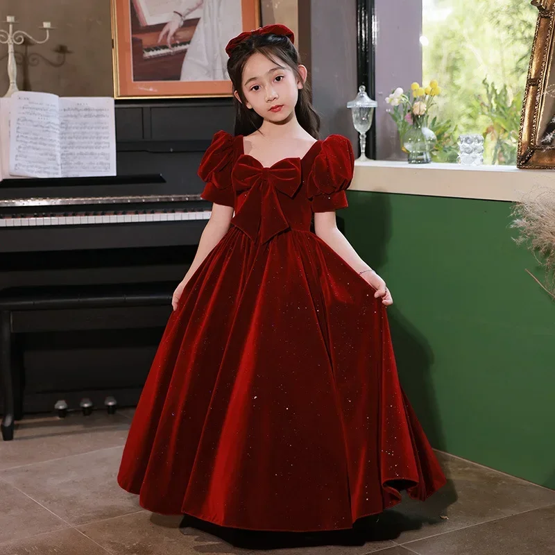 2025 Prom Dress for Girls Children Elegant Red Velvet Long Evening Dresses Kid Luxury Evening Ball Gown Teens Partywear Vestidos