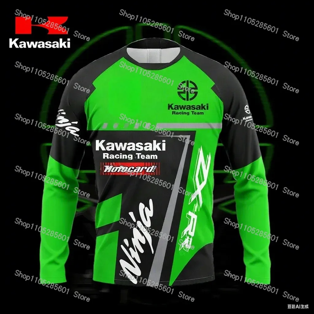 Kawasaki Motorcycle Theme Long-Sleeve T-Shirt Racing Style Print Breathable Casual Top for Riders - view 5
