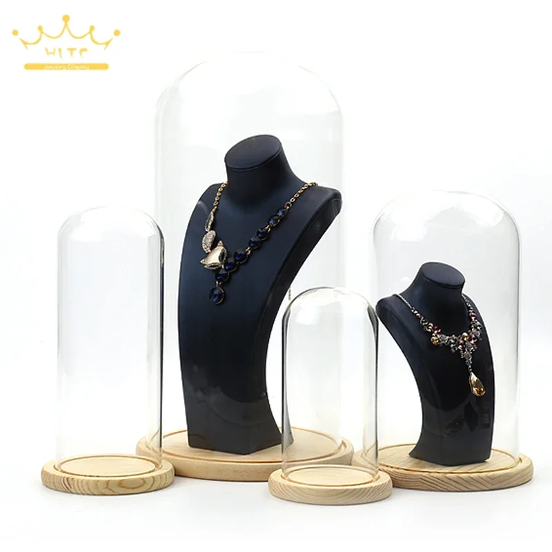 Jewelry Prop Window Display Rack Decoration Transparent Dust-proof plastic Cover Solid Wood Base Jewelry Shop Dedicated