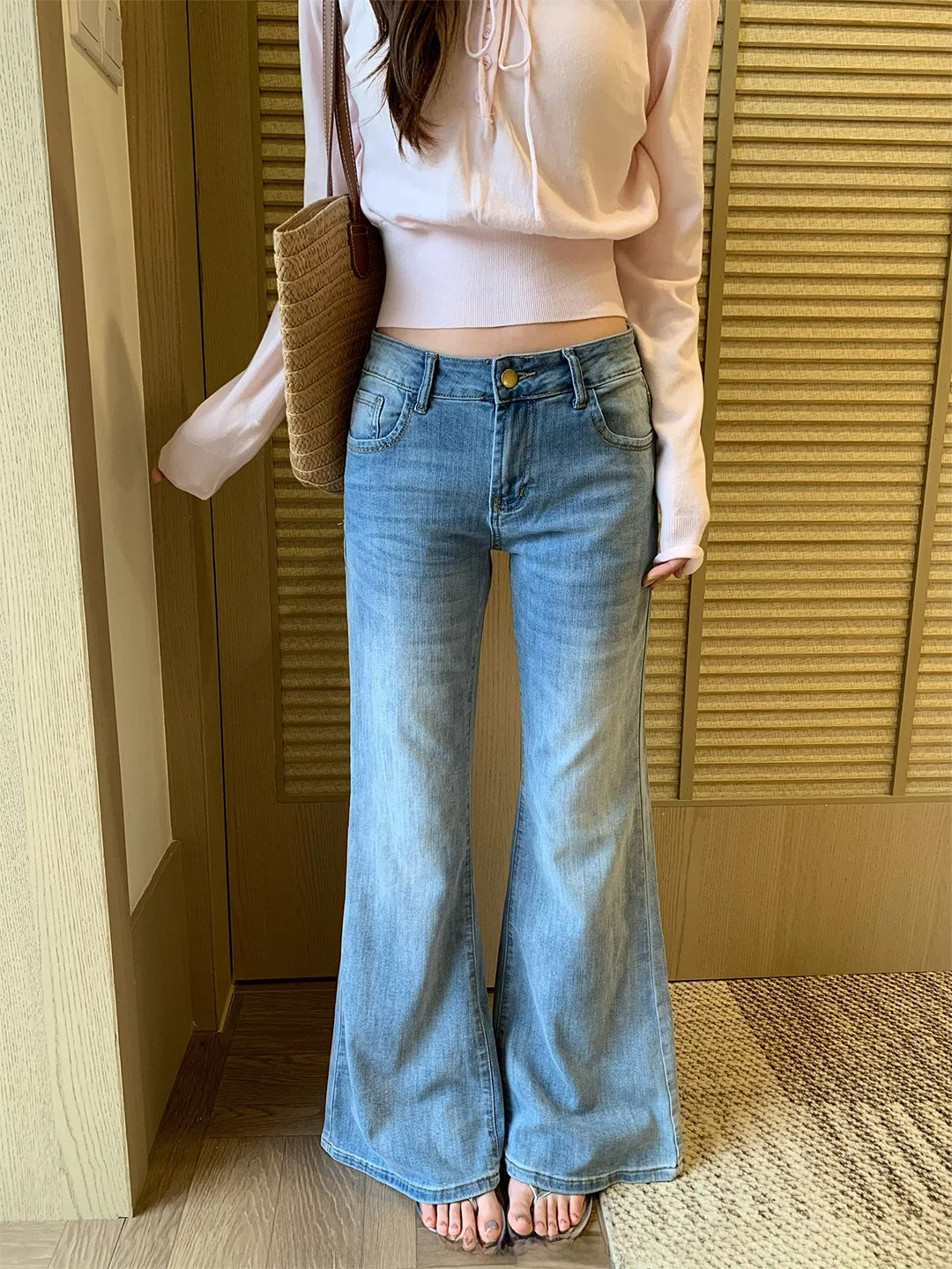 

Summer 2026 Slim Fit Ice Blue Denim Pants High Waist Wide Leg Women's Micro Flared Floor Length Jeans American Style Soft Denim
