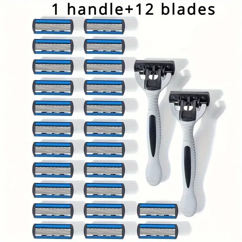 1 Handle + 12 Blade Shaver - Unisex Manual Safety Razor, 6-Layer Stainless Steel Shaving Blades Reusable Razor Head Shaving Tool