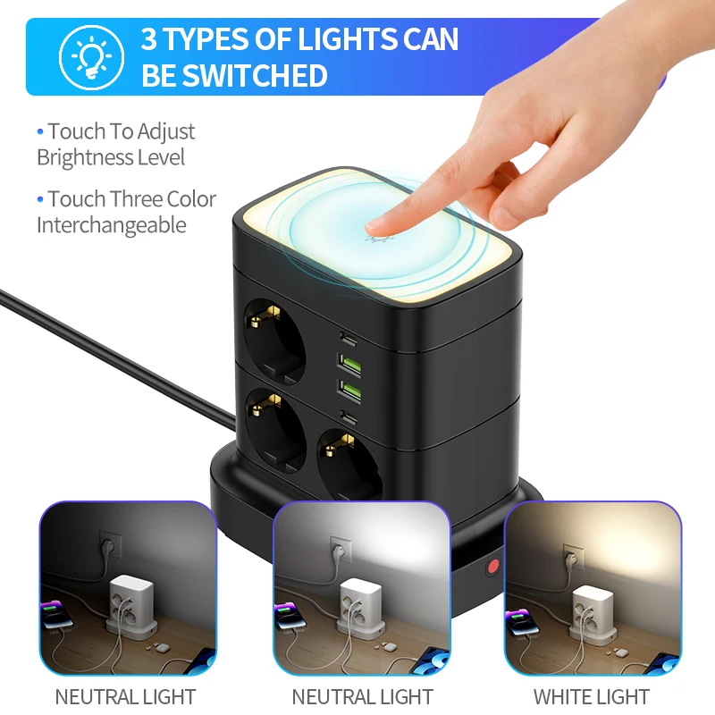 Tower Power Strip Multi Outlets with 2 USB +2 Type C 2M Extension Cable EU Plug Vertical Electric Socket Overload Protection