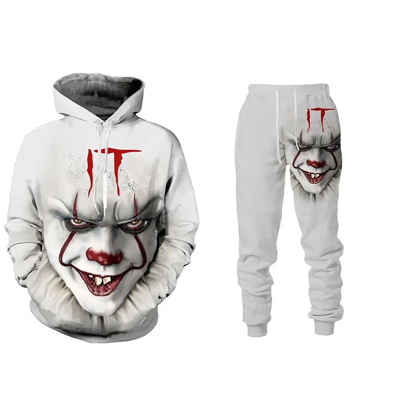 Halloween 3D Evil Clown Printed Oversize Hoodie Suit Funny Tracksuit Set Men Sweatshirt 2 Piece Autumn and Winter Men\'s Clothing