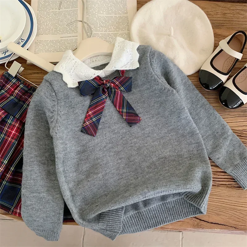 New Kids Boutique Clothes Girls JK Preppy Style Gray Sweater + Plaid Skirt 2-piece Set Kawaii Knitwear Baby Girl Outfit Set 2-7y