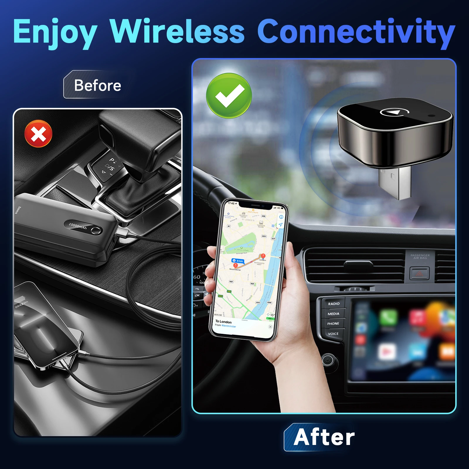 محول Carplay اللاسلكي 2 في 1، يحول سلكيًا إلى محول carplay اللاسلكي لهواتف iPhone وAndroid، التوصيل والتشغيل Carplay
