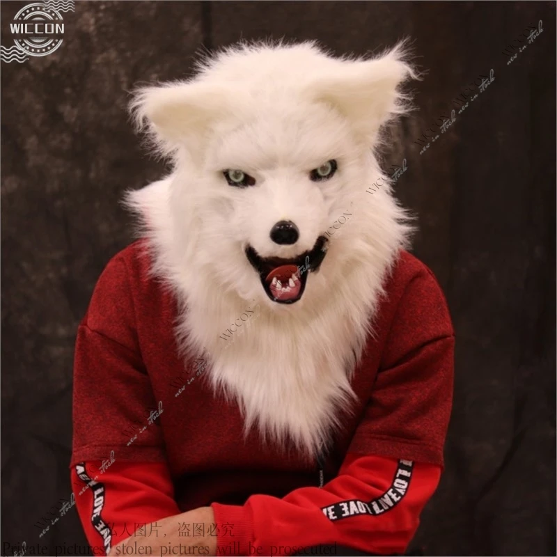 Maschera in peluche di volpe gotica – Design a bocca aperta con zanne realistiche per Halloween/performance sul palco Nero/Grigio Unisex per adulti