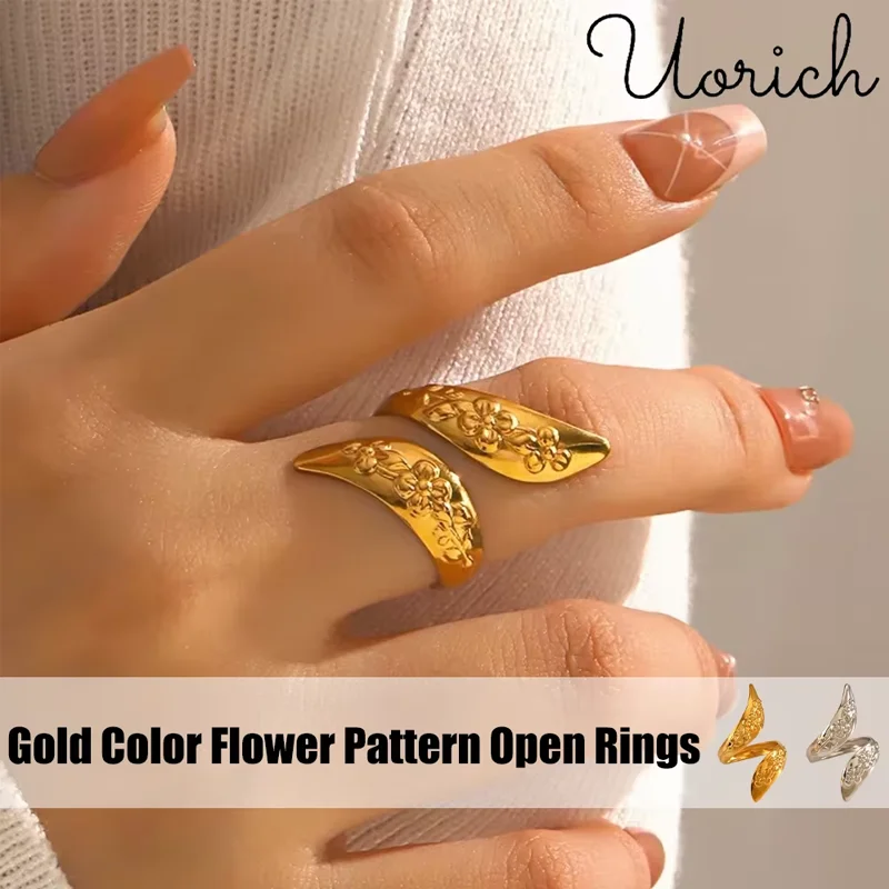 

Fashion Metal Flower Pattern Open Rings Fashion Women Gold Color Stainless Steel Trend Geometric Hollow Ring Jewelry Gift