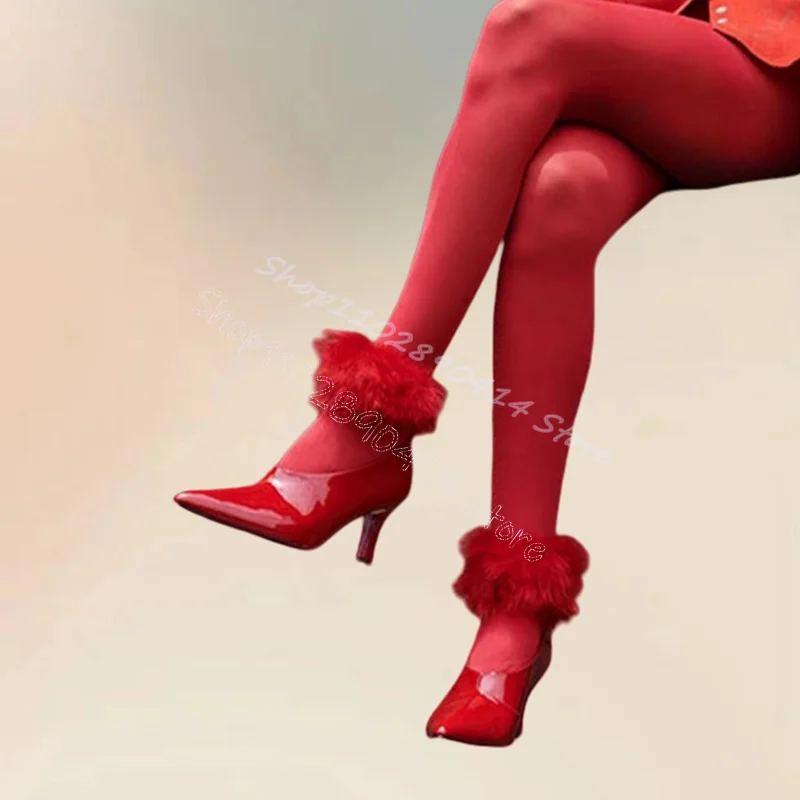 

Red Fur Patent Leather Pointed Toe Ankle Boots Buckle Strap Women Shoes Thin High Heels Party Banquet 2024 Zapatos Para Mujere