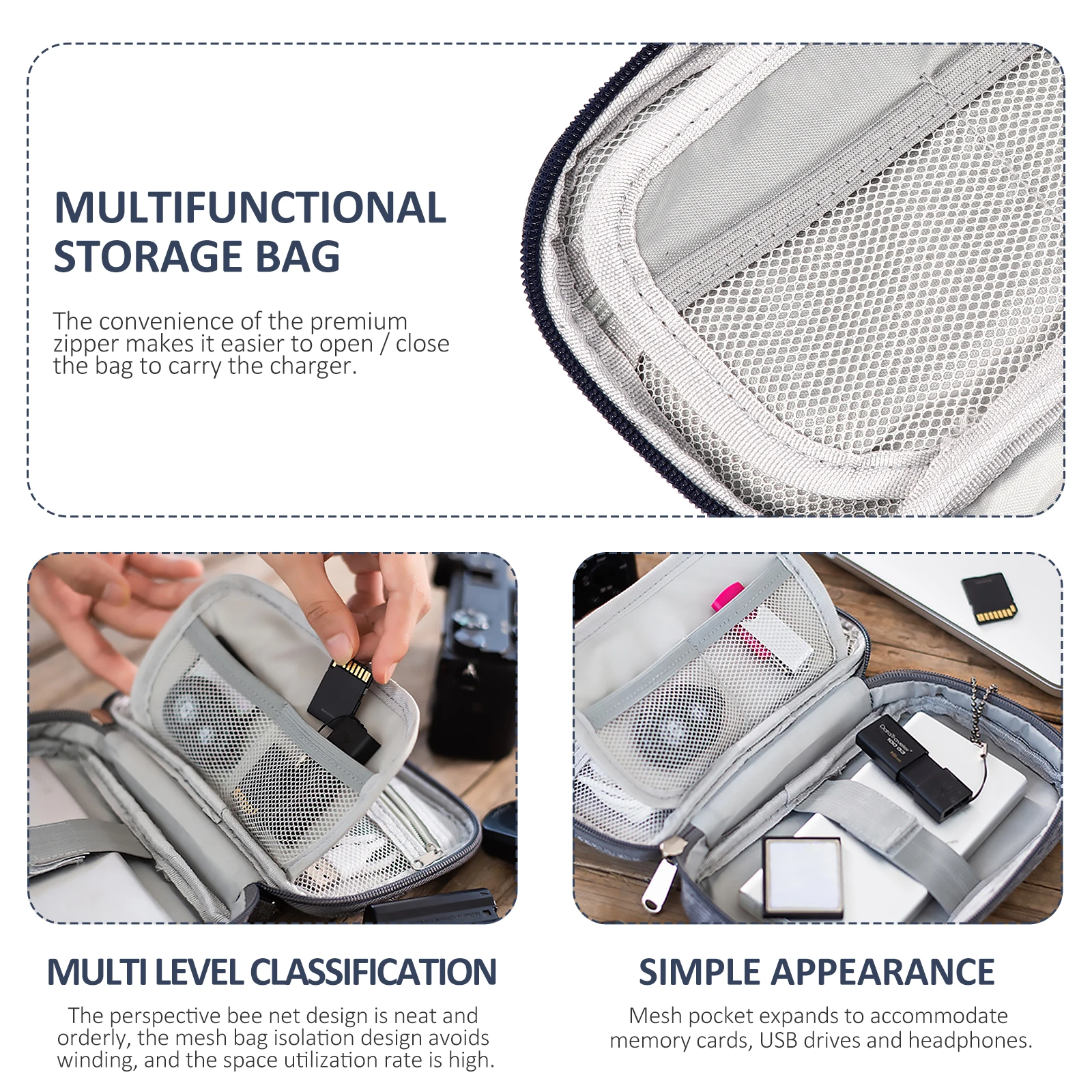

1pc Multipurpose Data Cable Storage Bag 300D Cationic Water Repellent Organizer High-Quality Zipper Mesh Pocket for USB Chargers