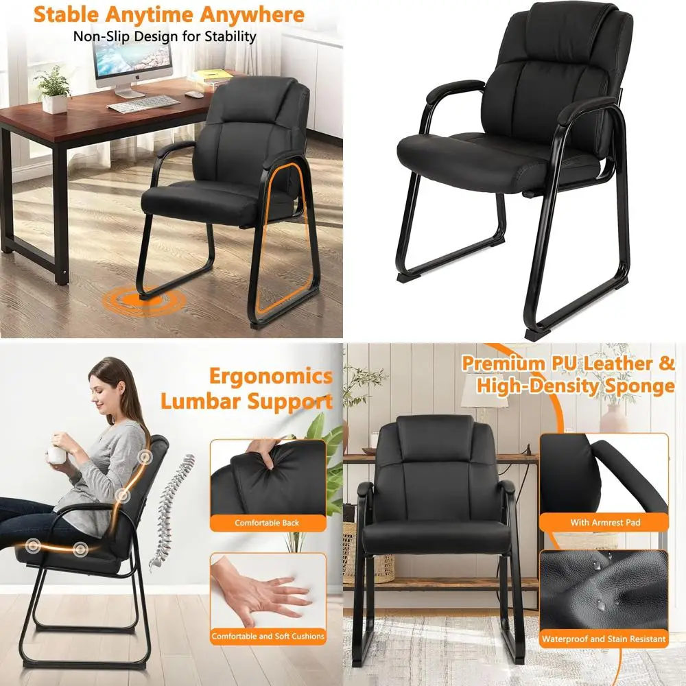 

Executive Leather Reception Chair with Padded Arms and Sled Base, Ideal for Office, Computer Desk, Conference, and Waiting Rooms