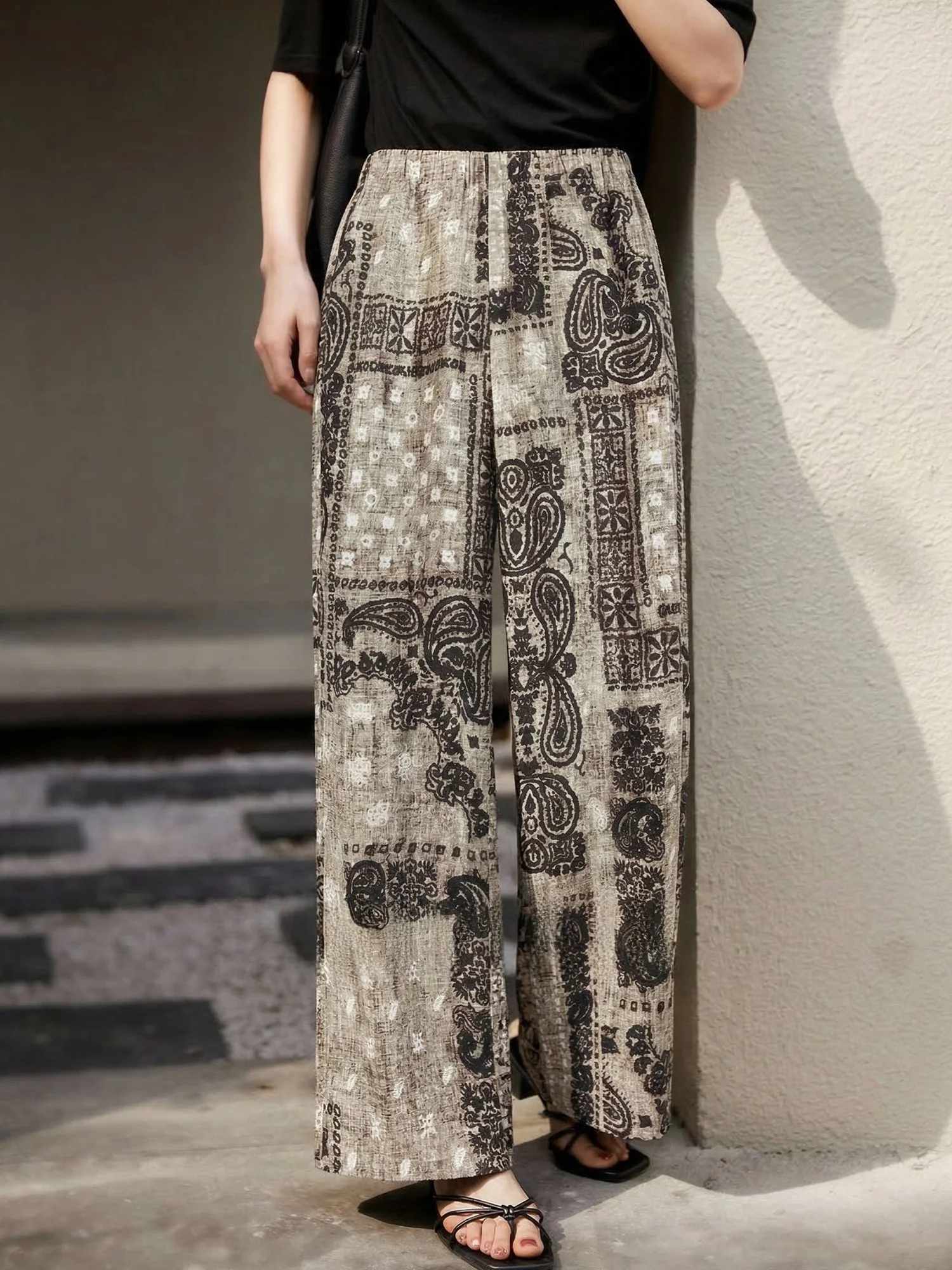 

Льняные брюки Chivirin с принтом, прямые, свободные, струящиеся, широкие, женские, в этническом стиле, повседневные, для похудения