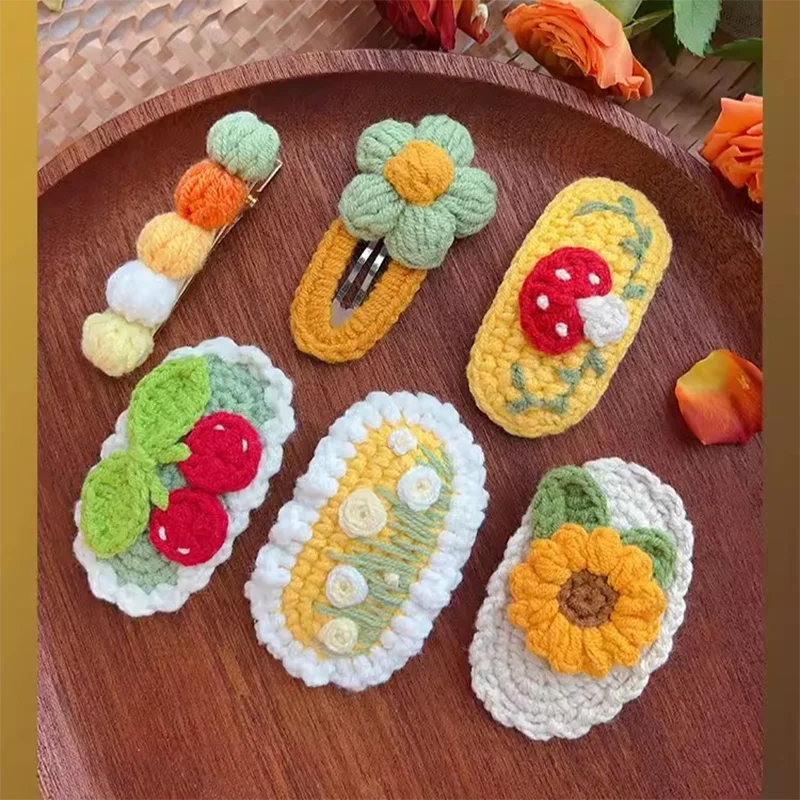 Lovely Sweet Hair Clips Wool Knitted Embroidery Flower Barrettes Hairpins Kids Girls Candy Crochet Headwear Hair Accessories