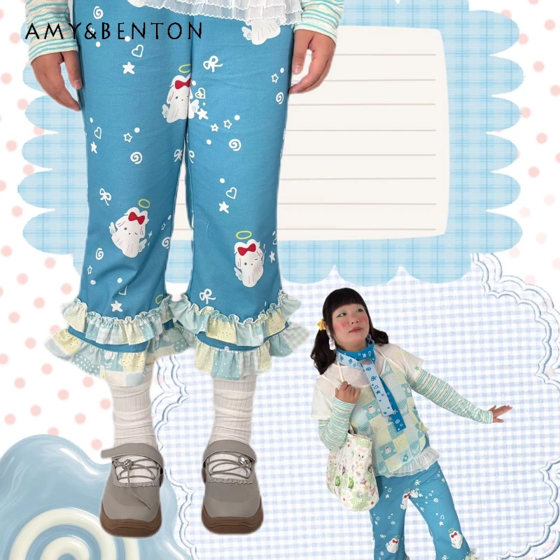 

Japanese Design Animal Print Elastic Waist Lace Trim Women's Jeans 2025 Autumn New Loose Slimming Versatile Cropped Pants Ladies