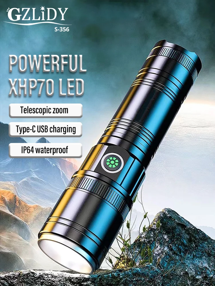 

High Power XHP70 LED Flashlight USB Rechargeable 18650 Tactical Torch Waterproof Zoom Light 3 Modes Camping Fishing Lantern