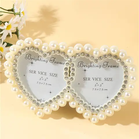1Pcs Romantic 3 Inch Double Heart Photo Frame - Pearl & Rhinestone Decor, ABS Plastic, Perfect for Wedding, Couple Gift
